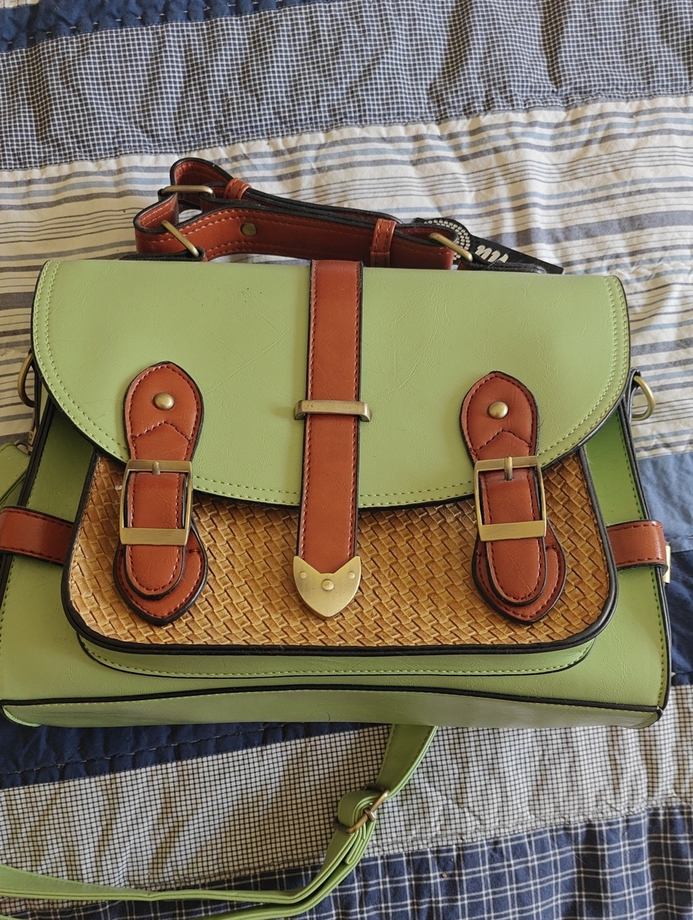 Green & Brown Woven-Trim Satchel Handbag